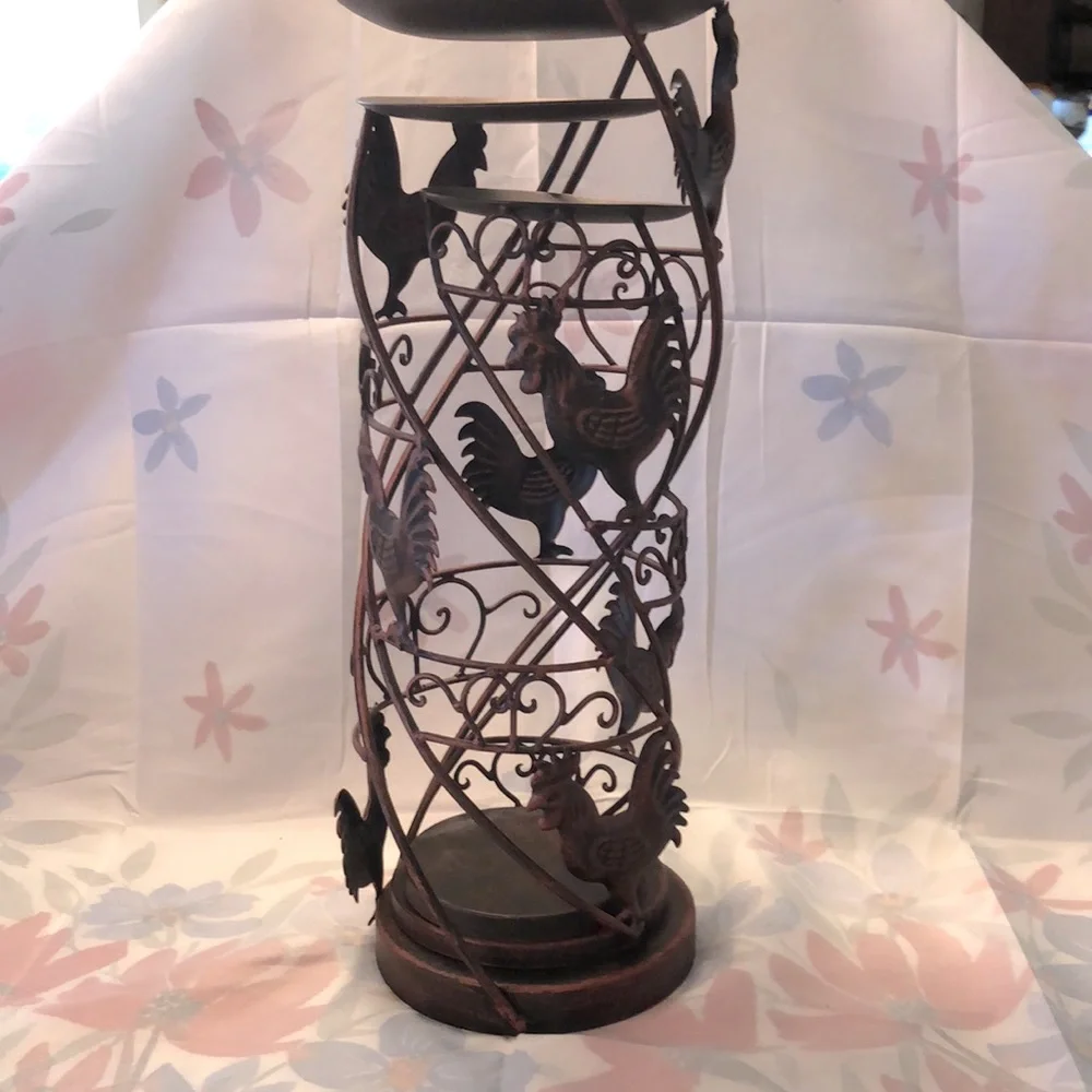 Three Stackable Rooster Motif Pillar Candle Holders 16.5x6”, 13.75x5”& 12x4.25”
